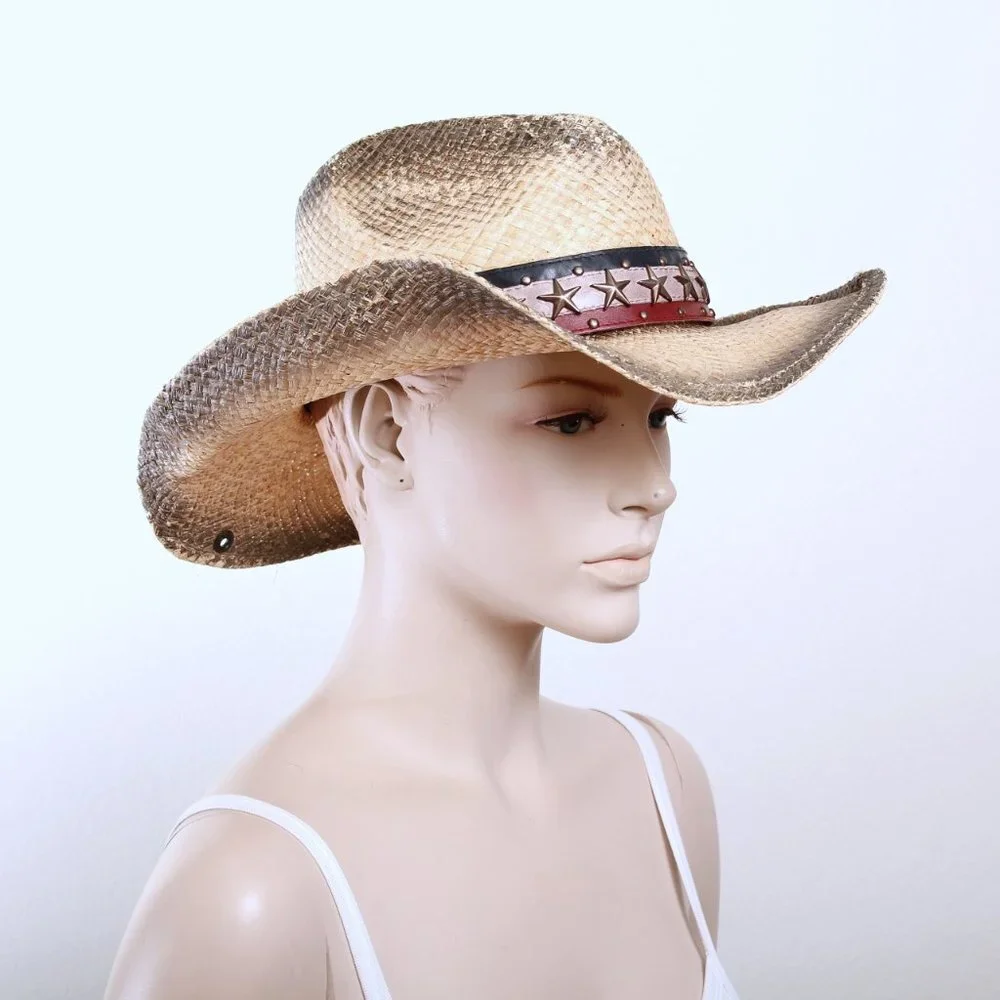 Peter Grimm American Flag Stars Cowgirl Straw Hat‎ Women One Size